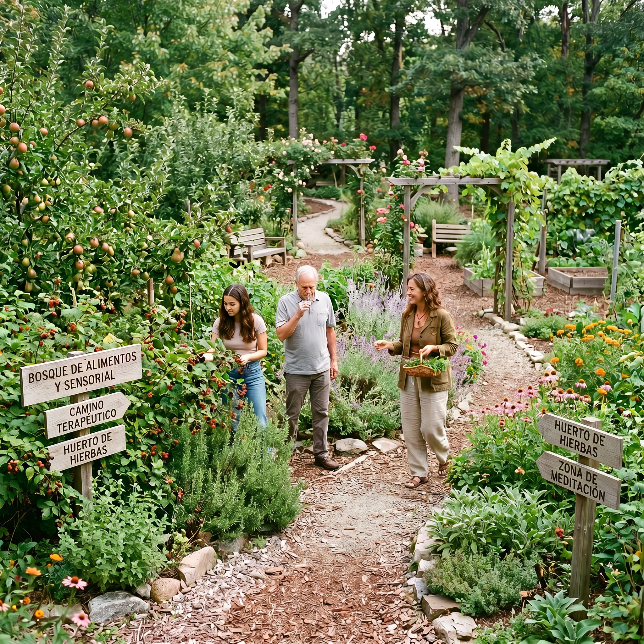 Personas paseando por un bosque de alimentos sensorial con carteles de «Camino terapéutico», «Huerto de hierbas» y «Zona de meditación».