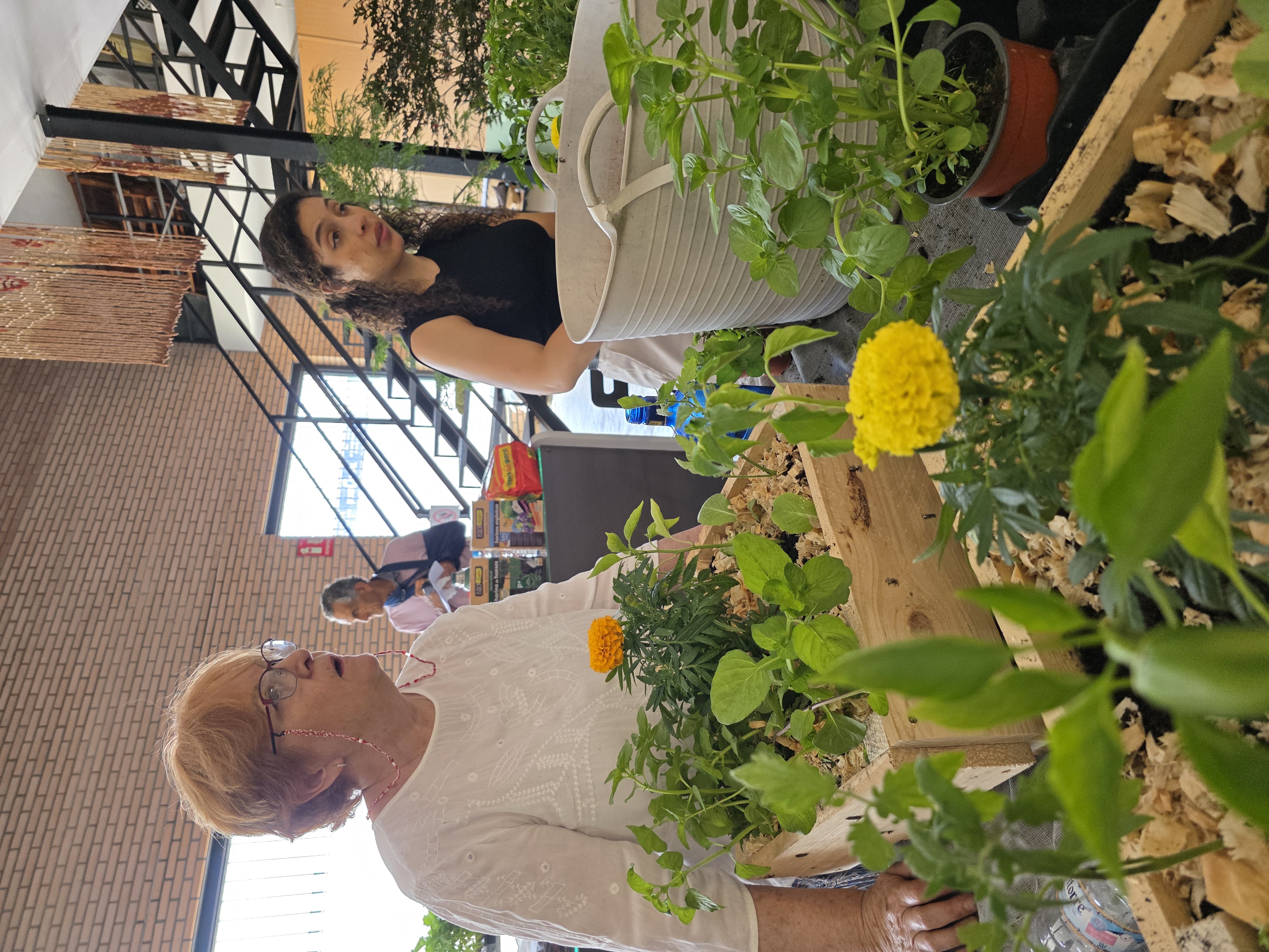 Participantes observando bancales de aromáticas, tomateras y flores durante el taller de huertos urbanos en Illescas.