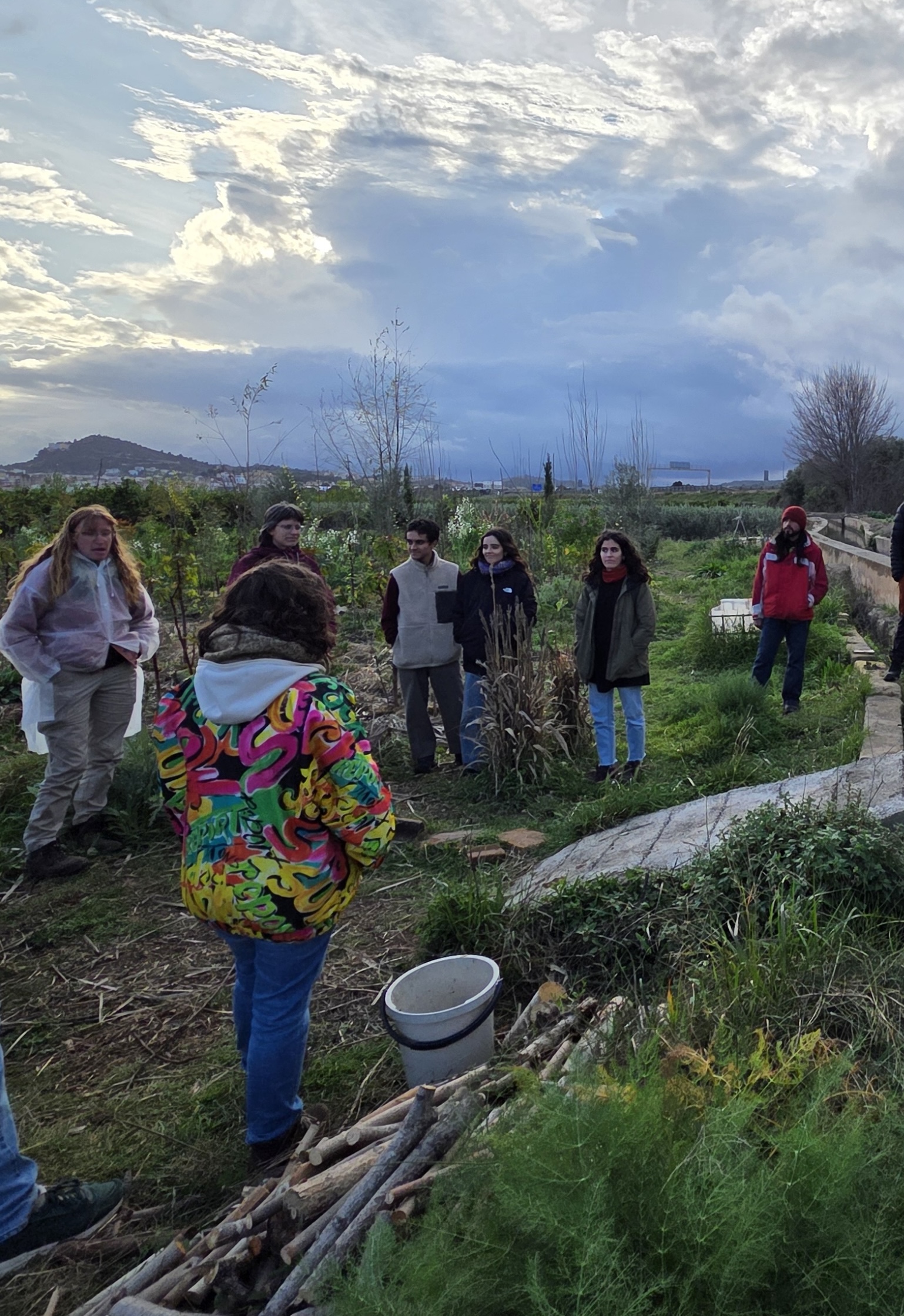 Grupo del curso observando una acequia al atardecer durante el diseño del bosque de alimentos en Valencia.
